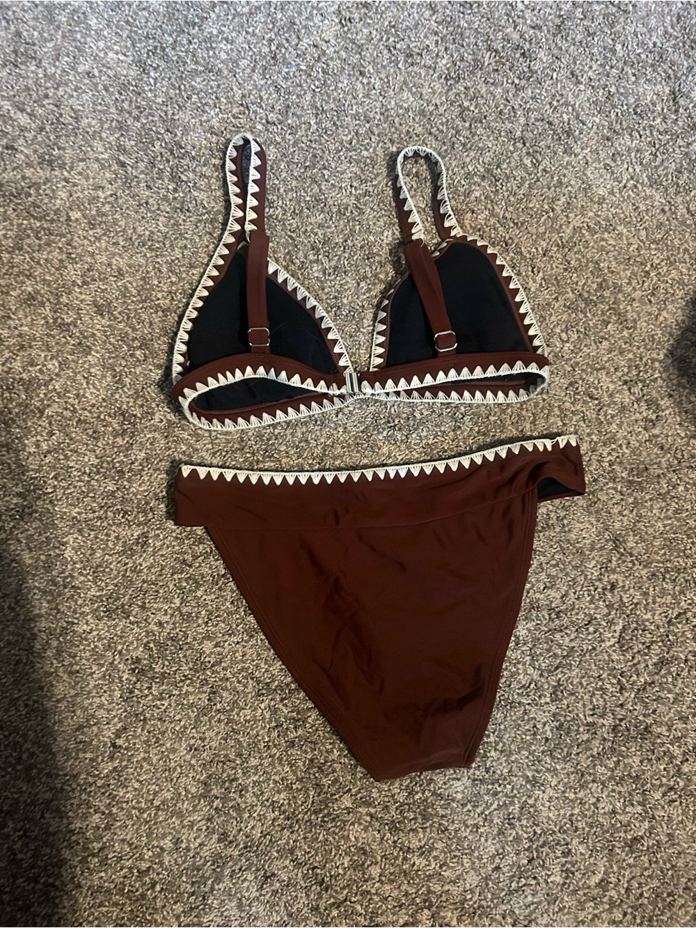 Brown Triangle Bikini with White Scallop Trim